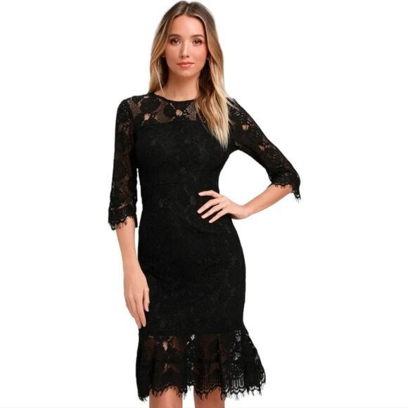 Lulu's -1210 NWT Dance With Me Black Lace Bodycon Midi Dress 3/4 Sleeves S‎ - Picture 1 of 14